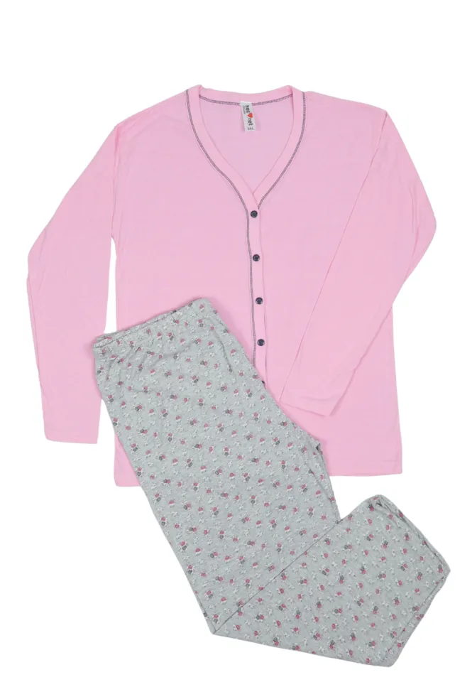 Pijama damă big size din bumbac mânecă lungă și pantaloni lungi