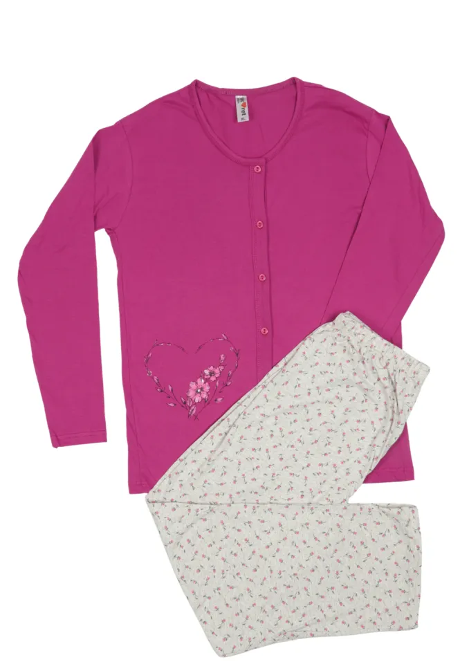 Pijama damă big size din bumbac mânecă lungă și pantaloni lungi