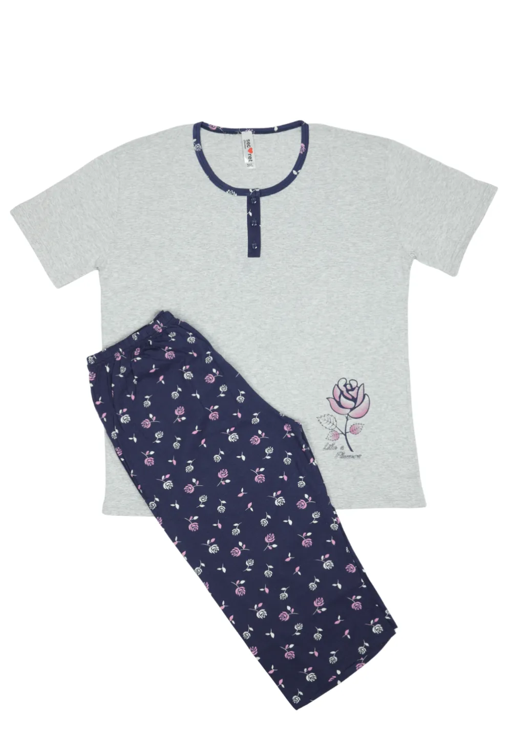 Pijama damă big size din bumbac mânecă scurtă și pantaloni 3/4 - 1