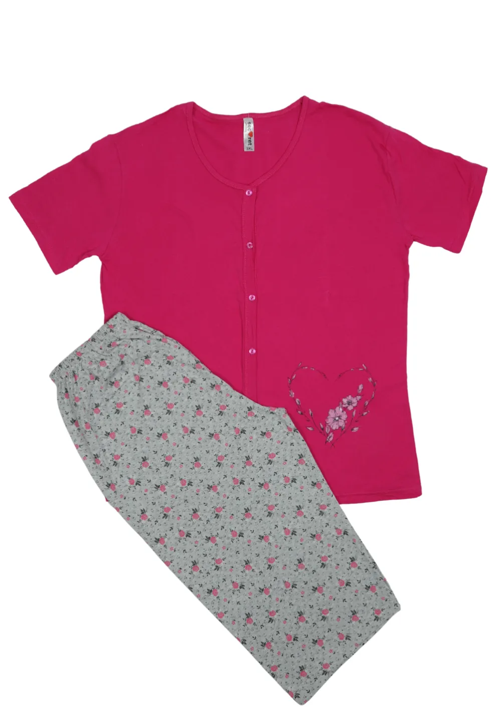 Pijama damă big size din bumbac mânecă scurtă și pantaloni 3/4 - 1