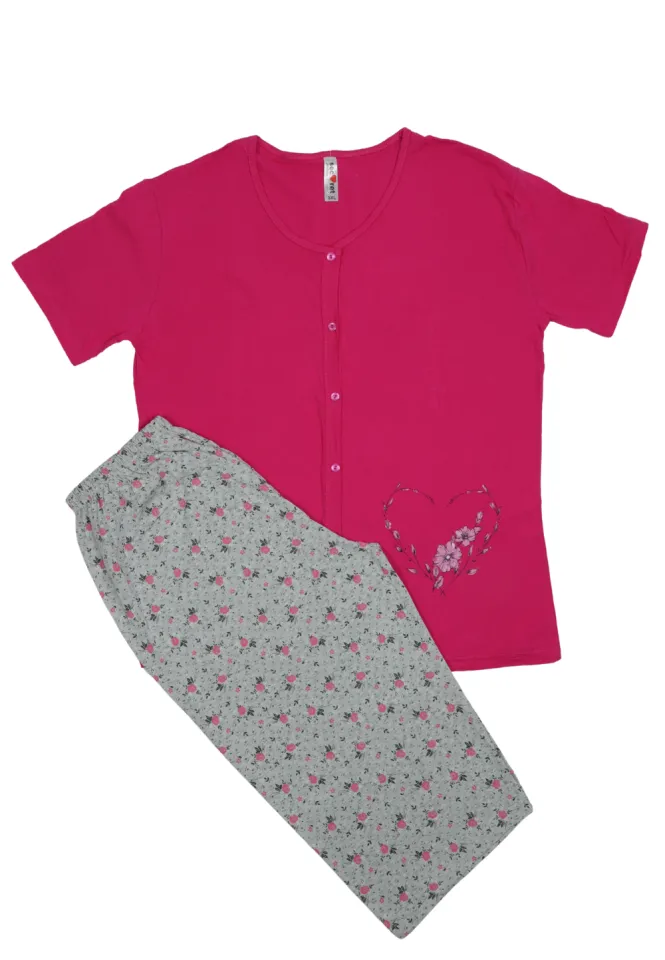 Pijama damă big size din bumbac mânecă scurtă și pantaloni 3/4