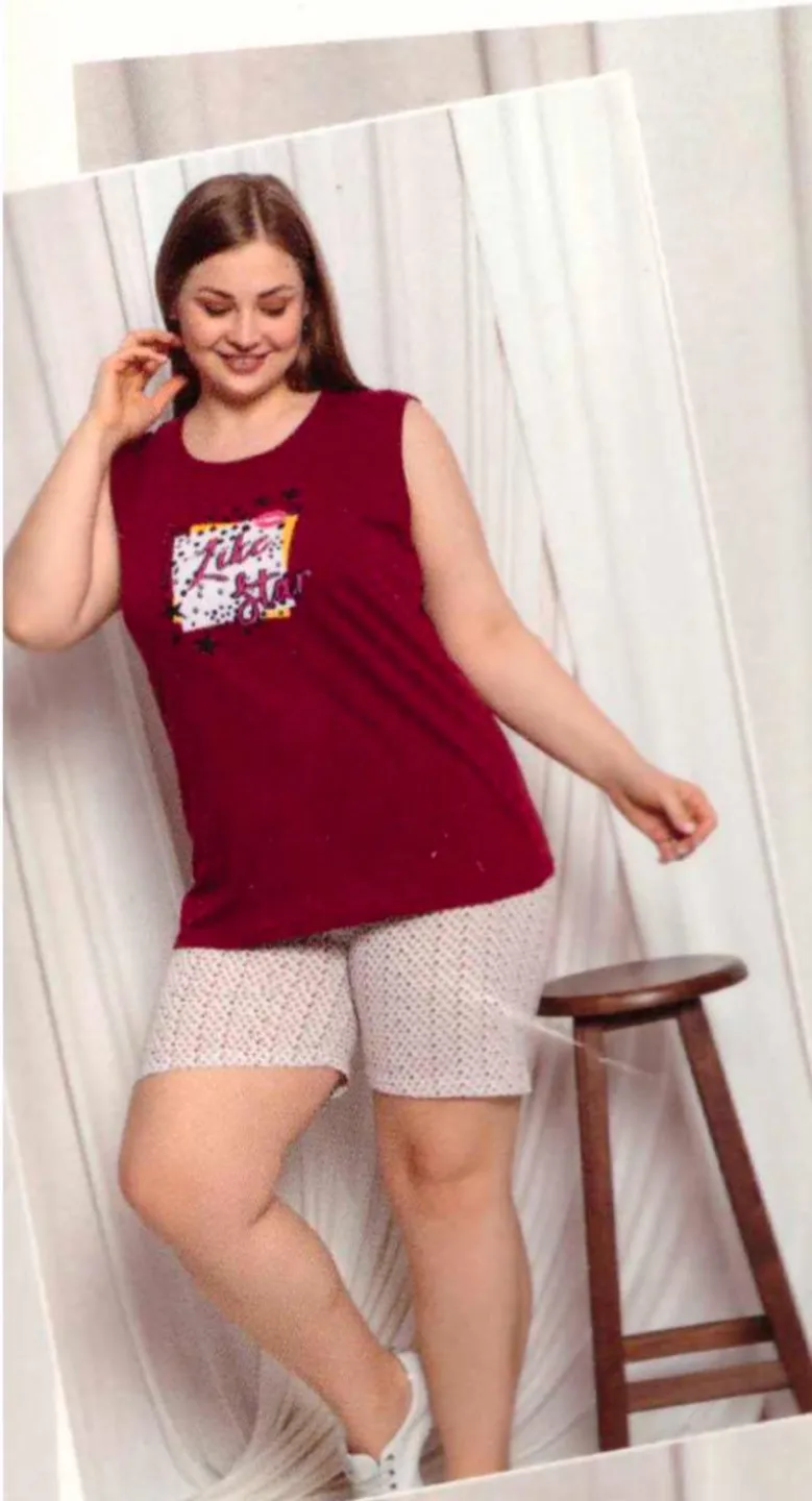 Pijama dama big size din bumbac, tricou cu imprimeu „Like A Star” și pantaloni scurti asortați, visiniu - 1