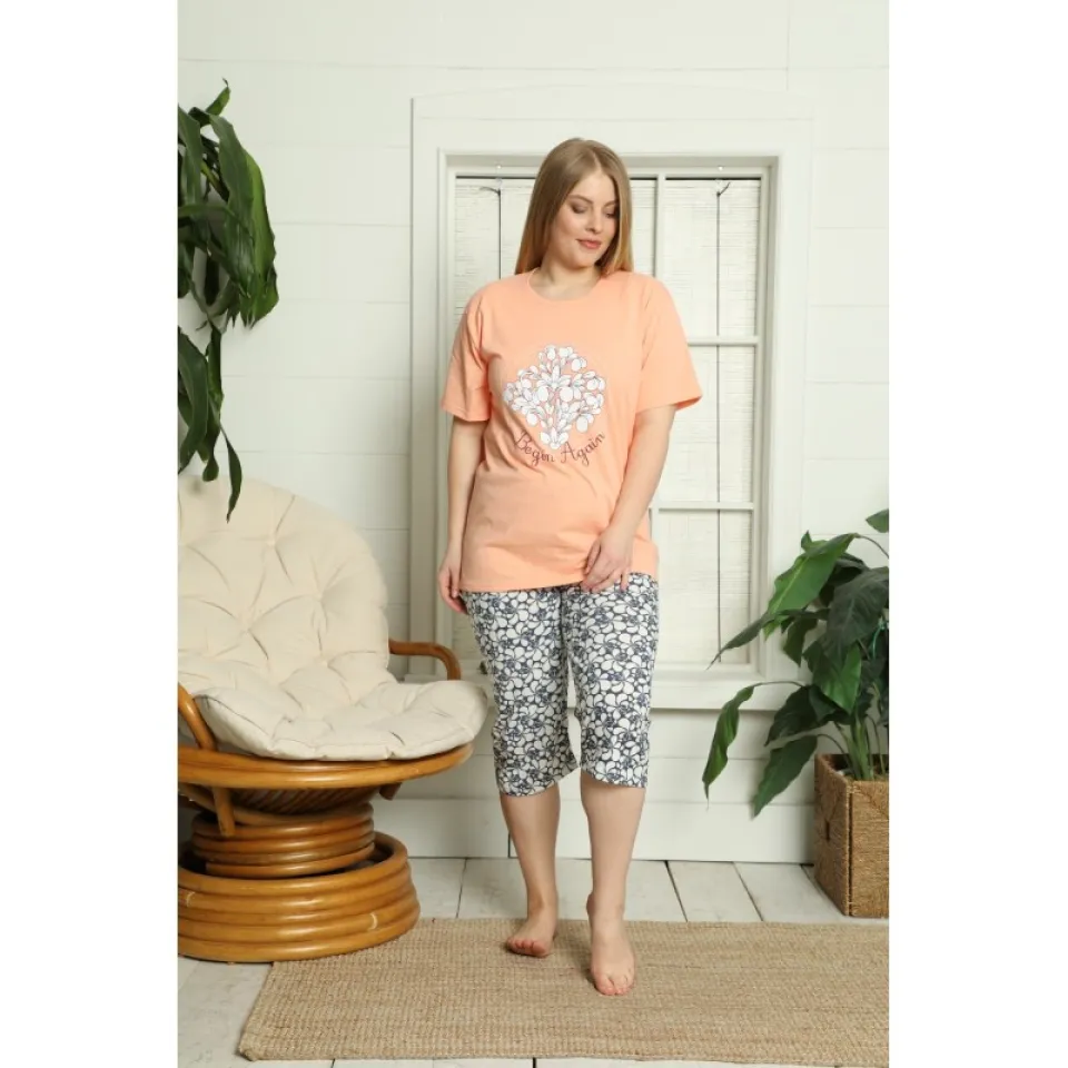 Pijama dama big size din bumbac, tricou portocaliu cu imprimeu „Begin Again” și pantaloni 3/4 asortați