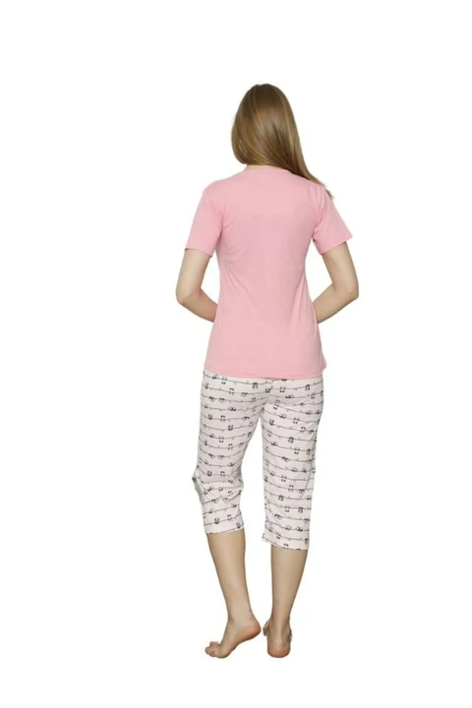 Pijama dama din bumbac, tricou roz cu imprimeu ,,Boring'  și pantaloni 3/4 - 2
