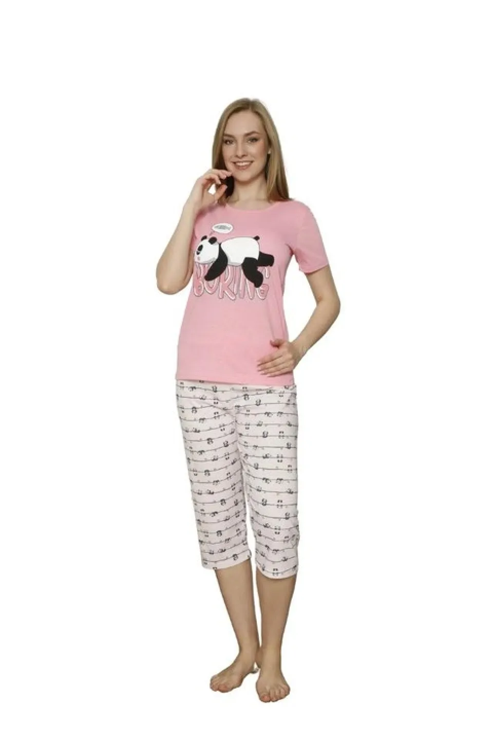 Pijama dama din bumbac, tricou roz cu imprimeu ,,Boring'  și pantaloni 3/4 - 1