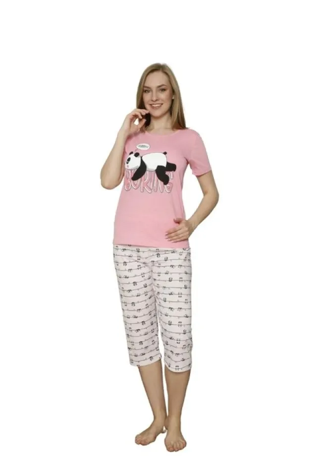 Pijama dama din bumbac, tricou roz cu imprimeu ,,Boring'  și pantaloni 3/4