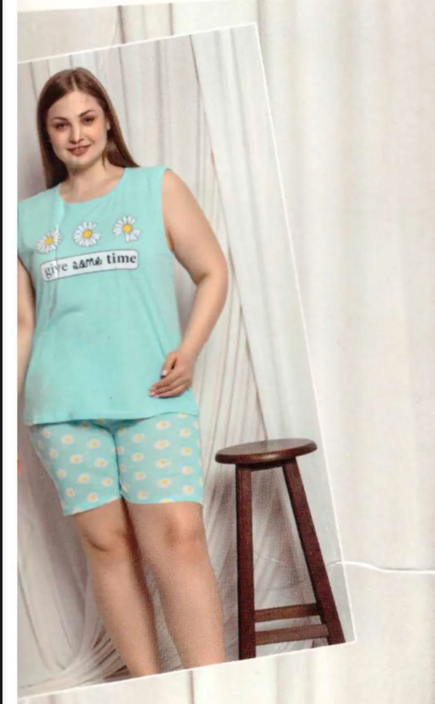 Pijama damă big size din bumbac, tricou și pantaloni scurți, imprimeu Give Some Time, blue - 1