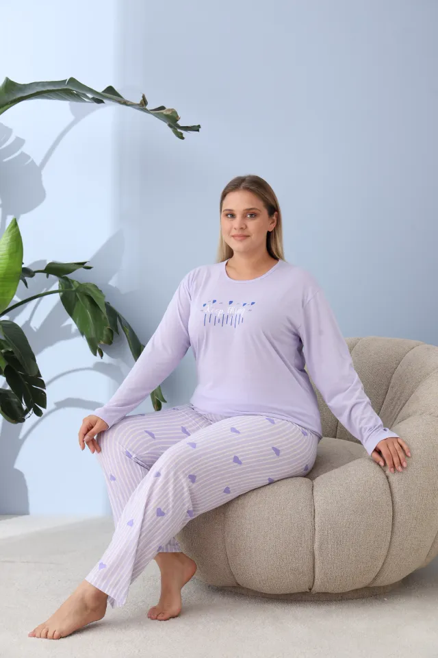 Pijama damă big size lila, imprimeu Keep Things, 100% bumbac