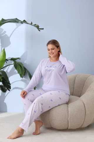 Pijama damă big size lila, imprimeu Keep Things, 100% bumbac hover