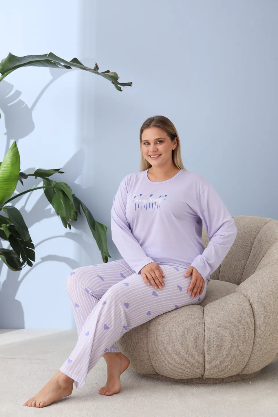 Pijama damă big size lila, imprimeu Keep Things, 100% bumbac - 3