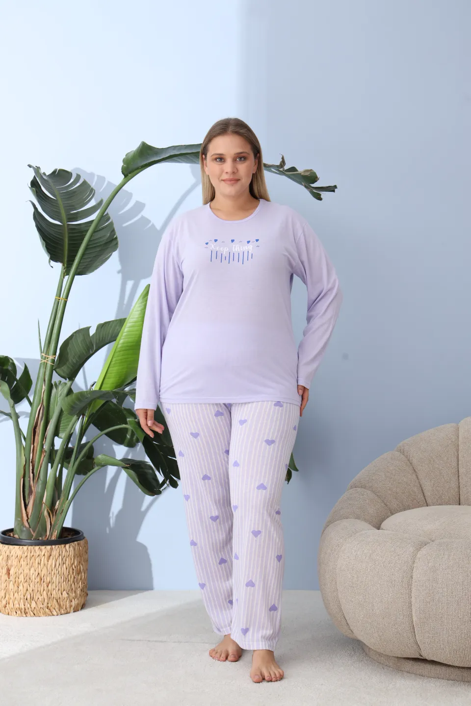 Pijama damă big size lila, imprimeu Keep Things, 100% bumbac - 4