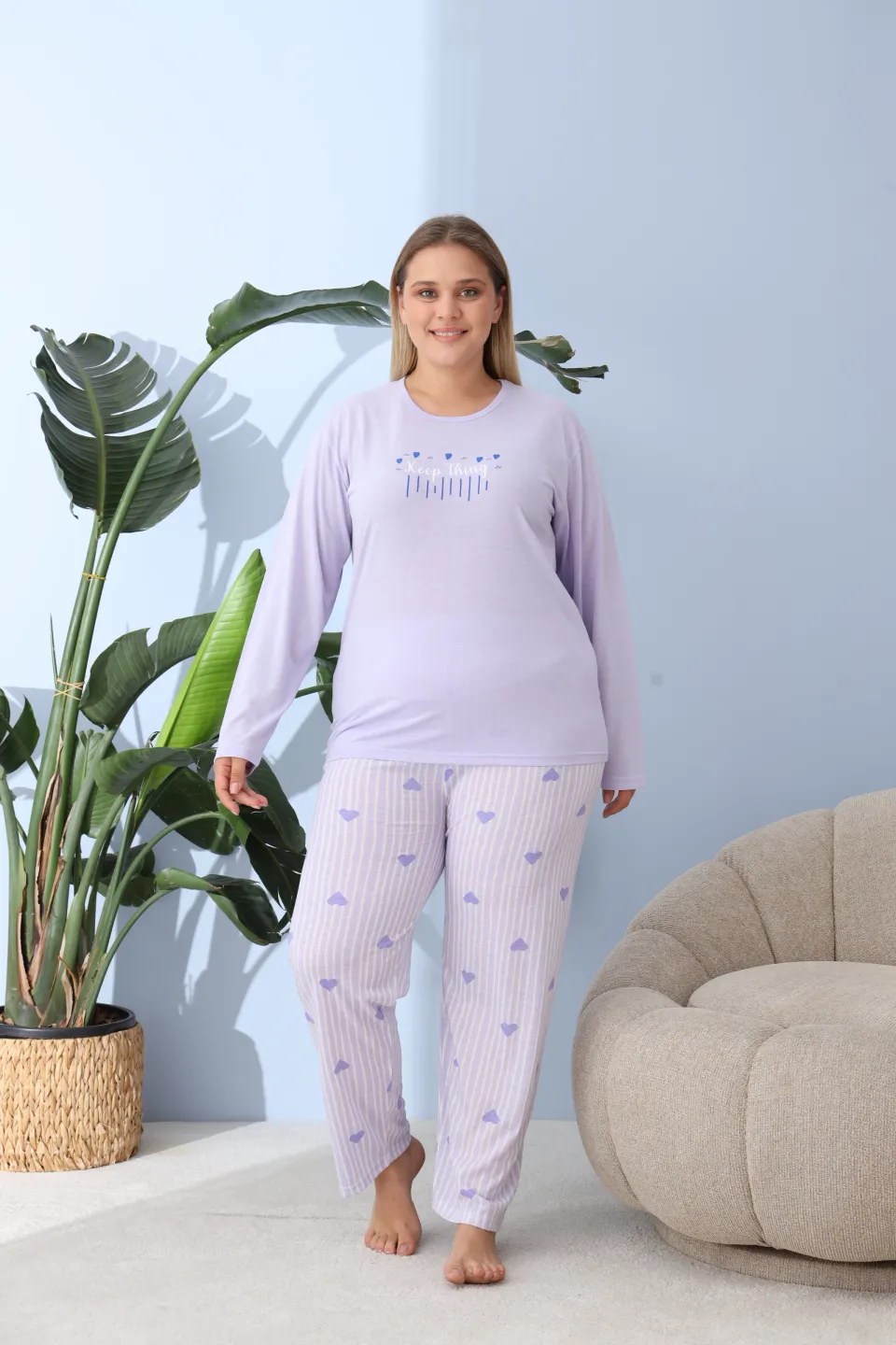 Pijama damă big size lila, imprimeu Keep Things, 100% bumbac - 6