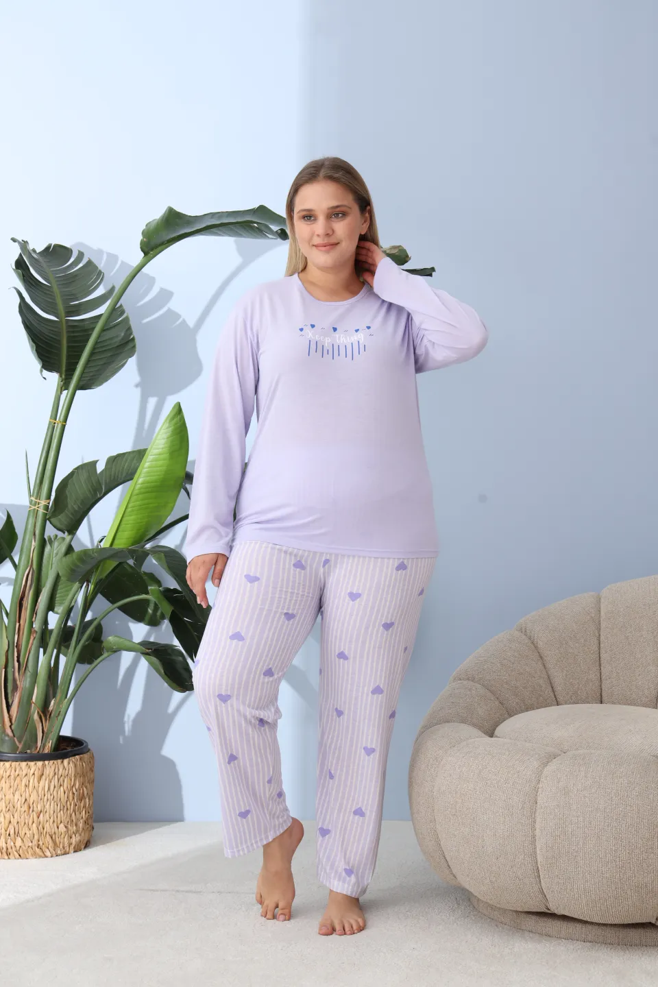 Pijama damă big size lila, imprimeu Keep Things, 100% bumbac - 7