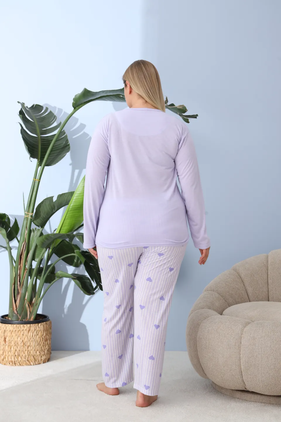 Pijama damă big size lila, imprimeu Keep Things, 100% bumbac - 5