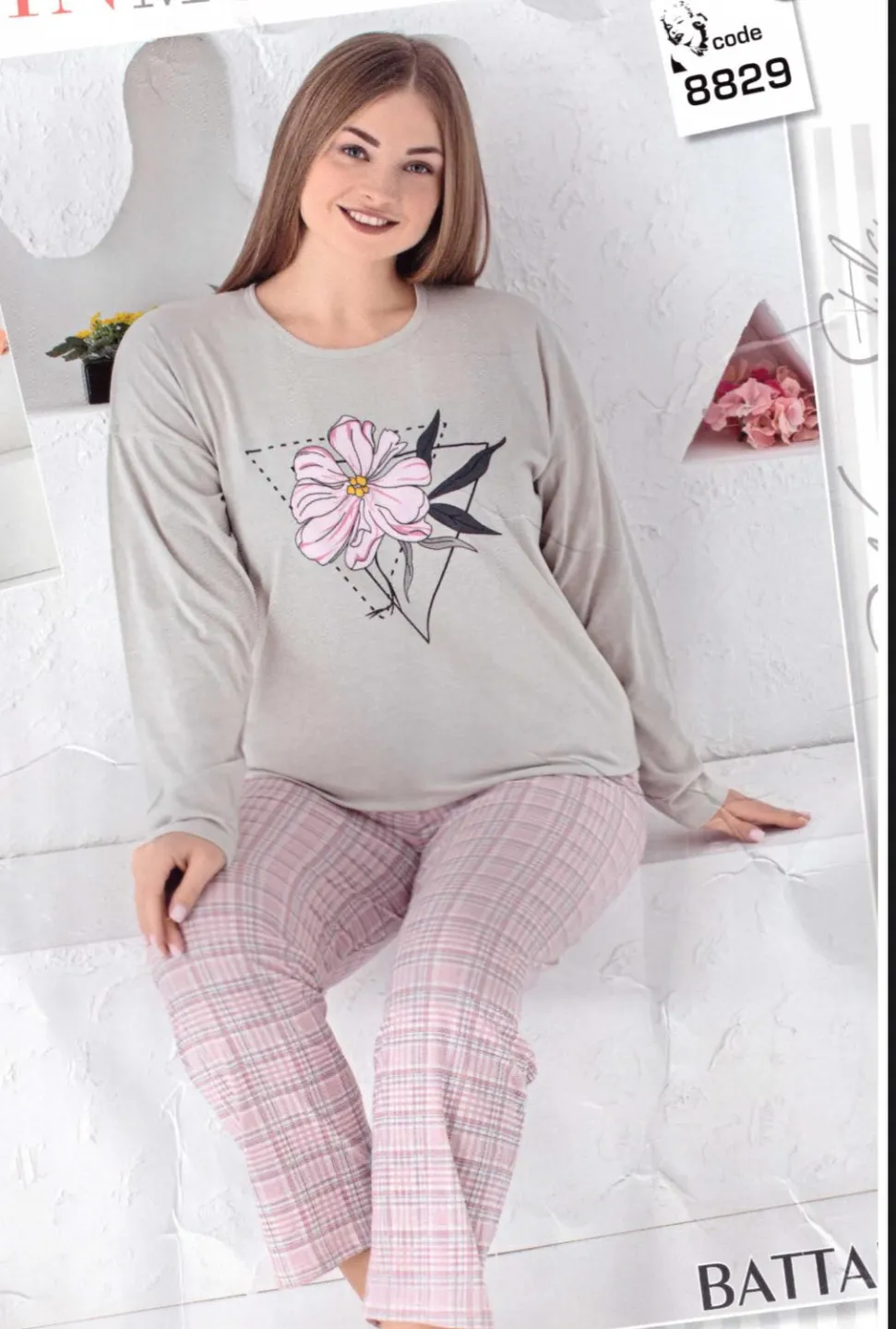 Pijama damă Big Size, mânecă lungă și pantaloni lungi, imprimeu floral - 1