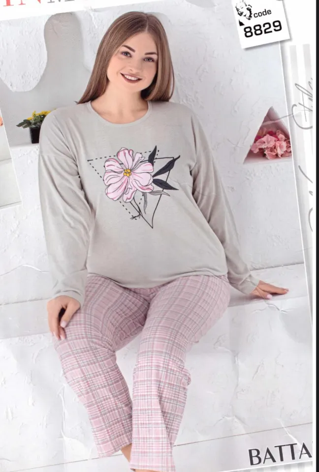 Pijama damă Big Size, mânecă lungă și pantaloni lungi, imprimeu floral