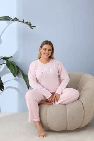 Pijama damă big size roz deschis, imprimeu Winter Vibes, 100% bumbac hover