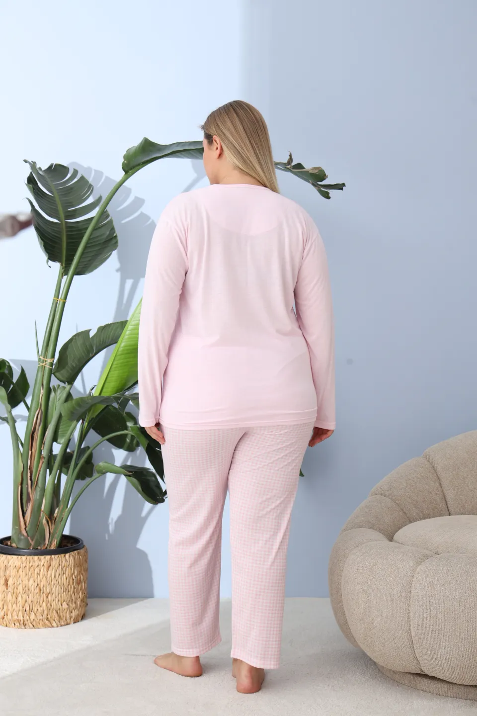 Pijama damă big size roz deschis, imprimeu Winter Vibes, 100% bumbac - 6