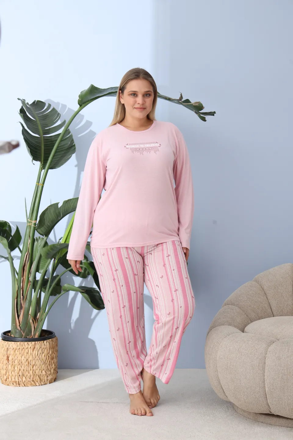 Pijama damă big size roz, imprimeu Believe in Yourself, 100% bumbac - 2
