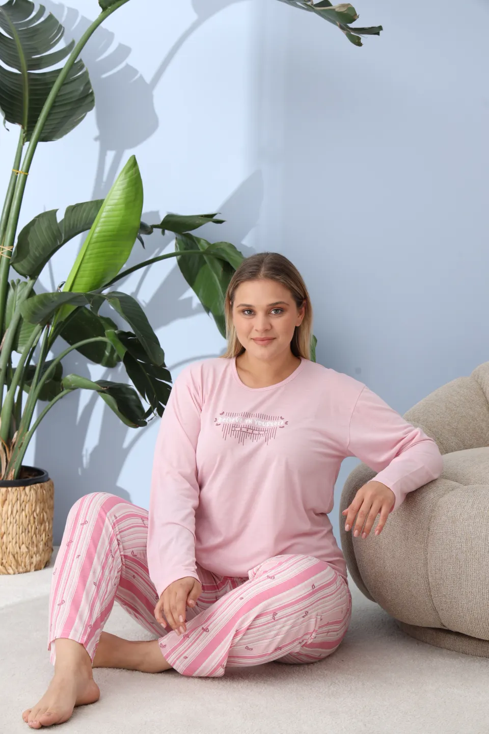Pijama damă big size roz, imprimeu Believe in Yourself, 100% bumbac - 4