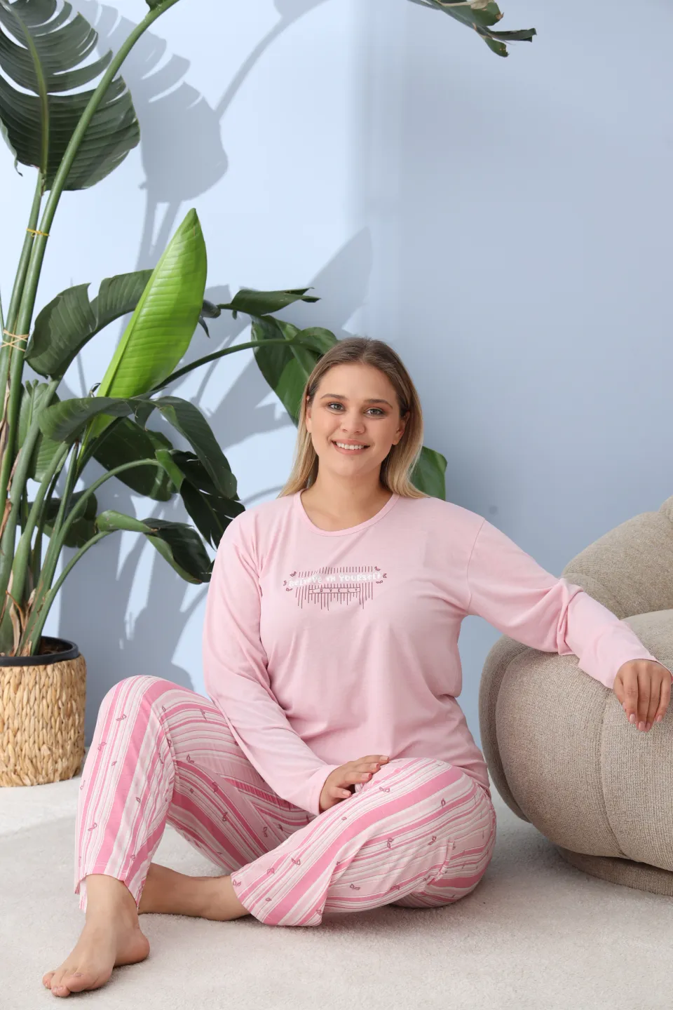 Pijama damă big size roz, imprimeu Believe in Yourself, 100% bumbac - 6