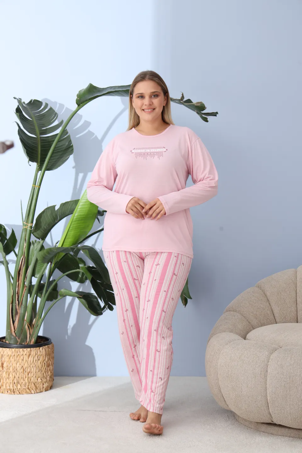 Pijama damă big size roz, imprimeu Believe in Yourself, 100% bumbac - 7