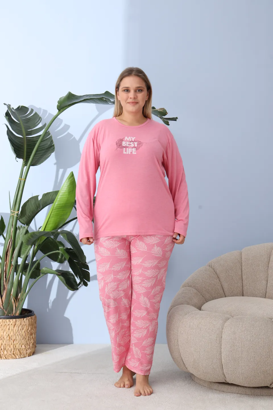 Pijama damă big size roz închis, imprimeu My Best Life, 100% bumbac - 1