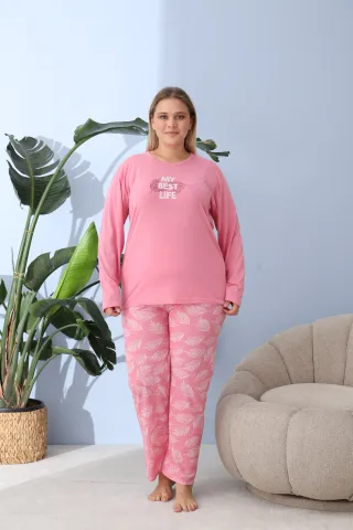 Pijama damă big size roz închis, imprimeu My Best Life, 100% bumbac