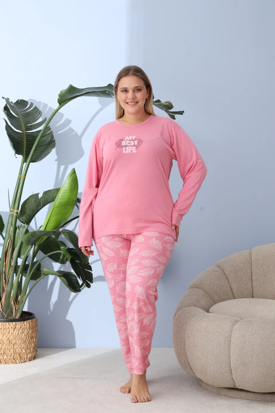 Pijama damă big size roz închis, imprimeu My Best Life, 100% bumbac - 3