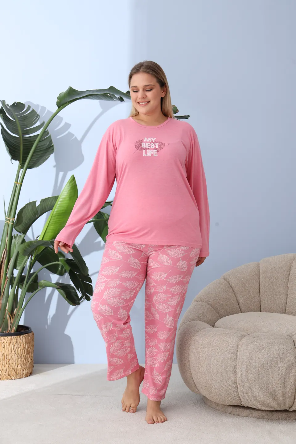 Pijama damă big size roz închis, imprimeu My Best Life, 100% bumbac - 4