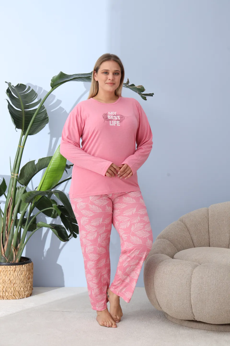 Pijama damă big size roz închis, imprimeu My Best Life, 100% bumbac - 5