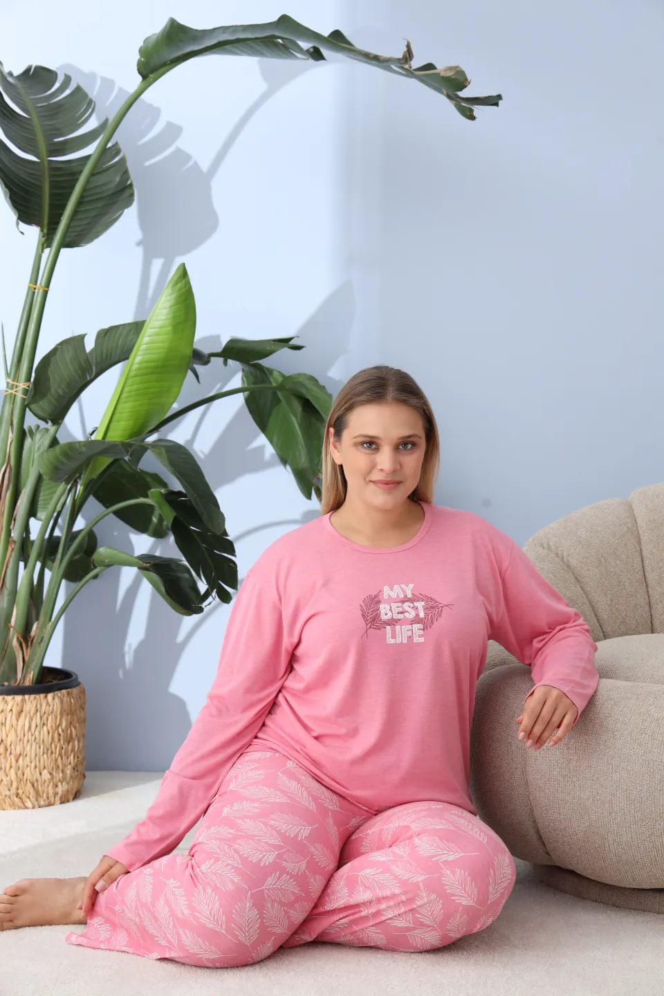 Pijama damă big size roz închis, imprimeu My Best Life, 100% bumbac - 7