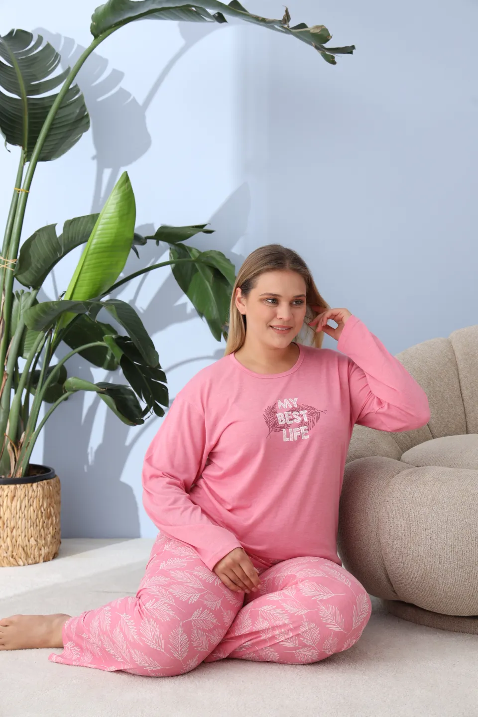 Pijama damă big size roz închis, imprimeu My Best Life, 100% bumbac - 8