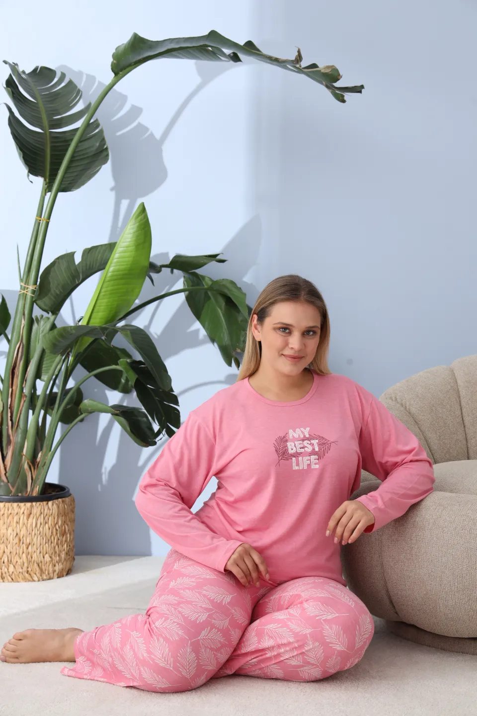 Pijama damă big size roz închis, imprimeu My Best Life, 100% bumbac - 2