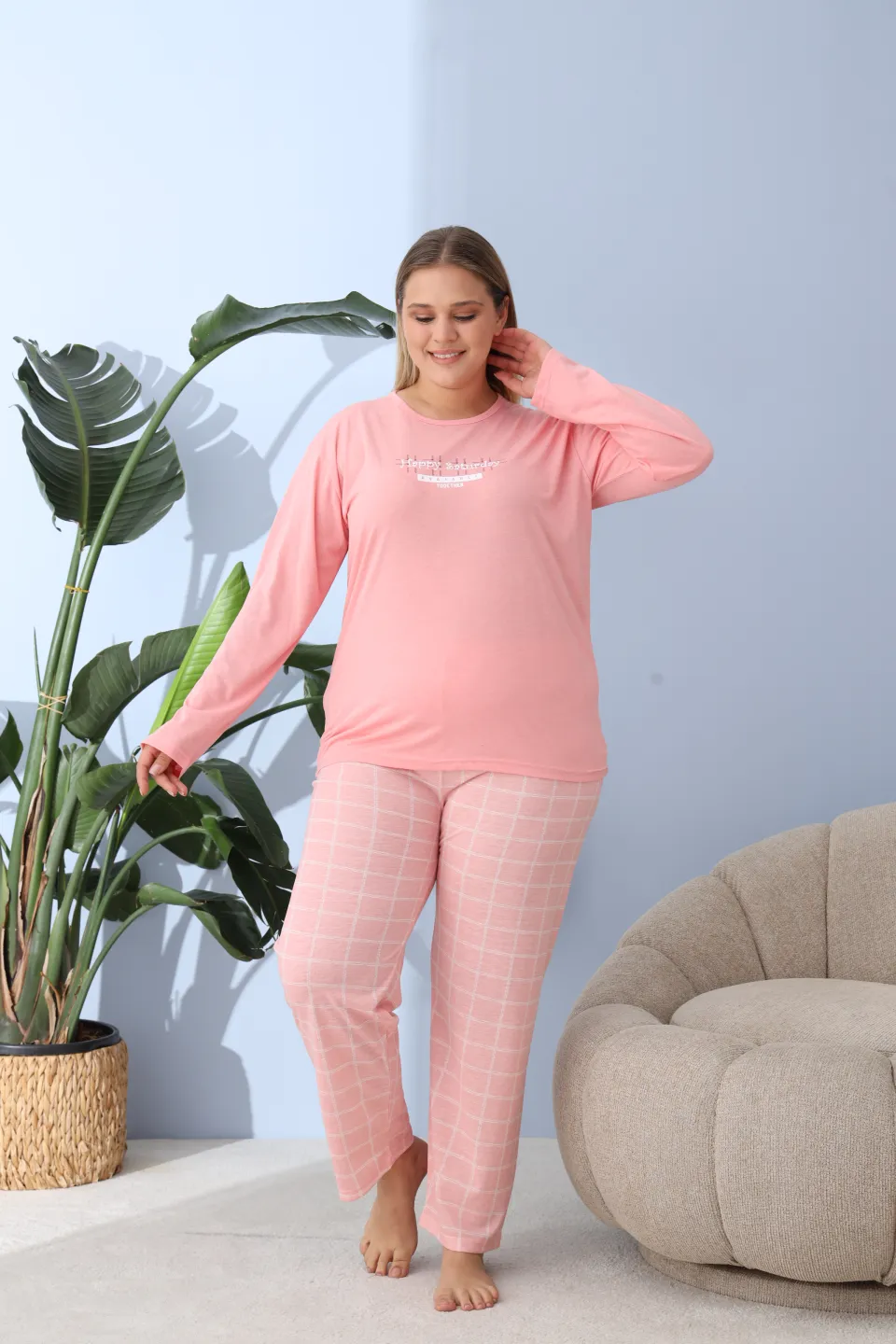 Pijama damă big size roz piersică, imprimeu Happy Saturday, 100% bumbac - 2