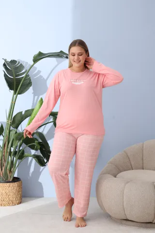 Pijama damă big size roz piersică, imprimeu Happy Saturday, 100% bumbac hover