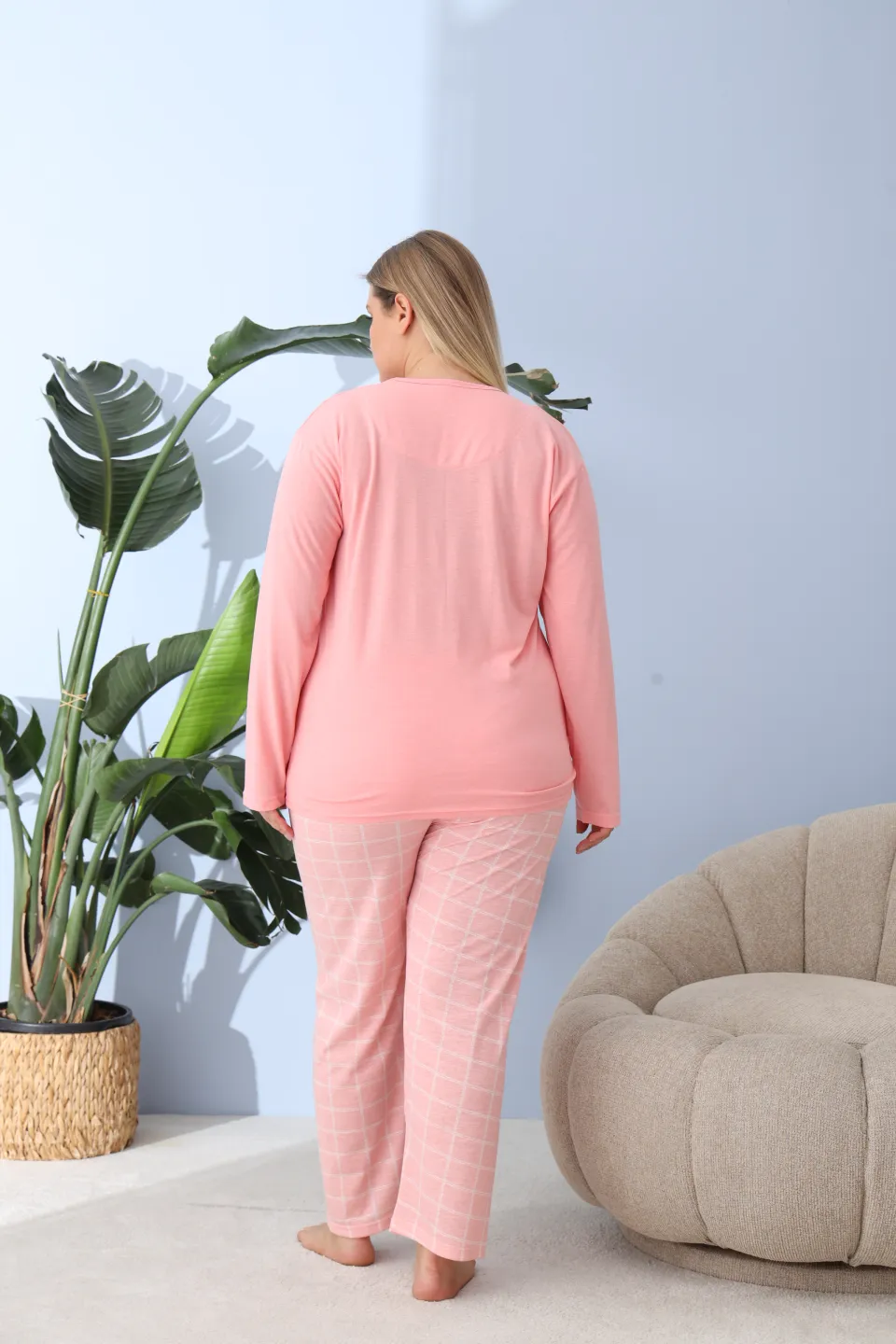 Pijama damă big size roz piersică, imprimeu Happy Saturday, 100% bumbac - 3