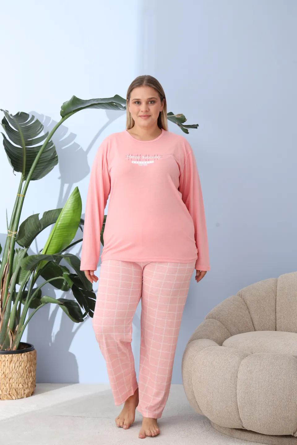 Pijama damă big size roz piersică, imprimeu Happy Saturday, 100% bumbac - 6