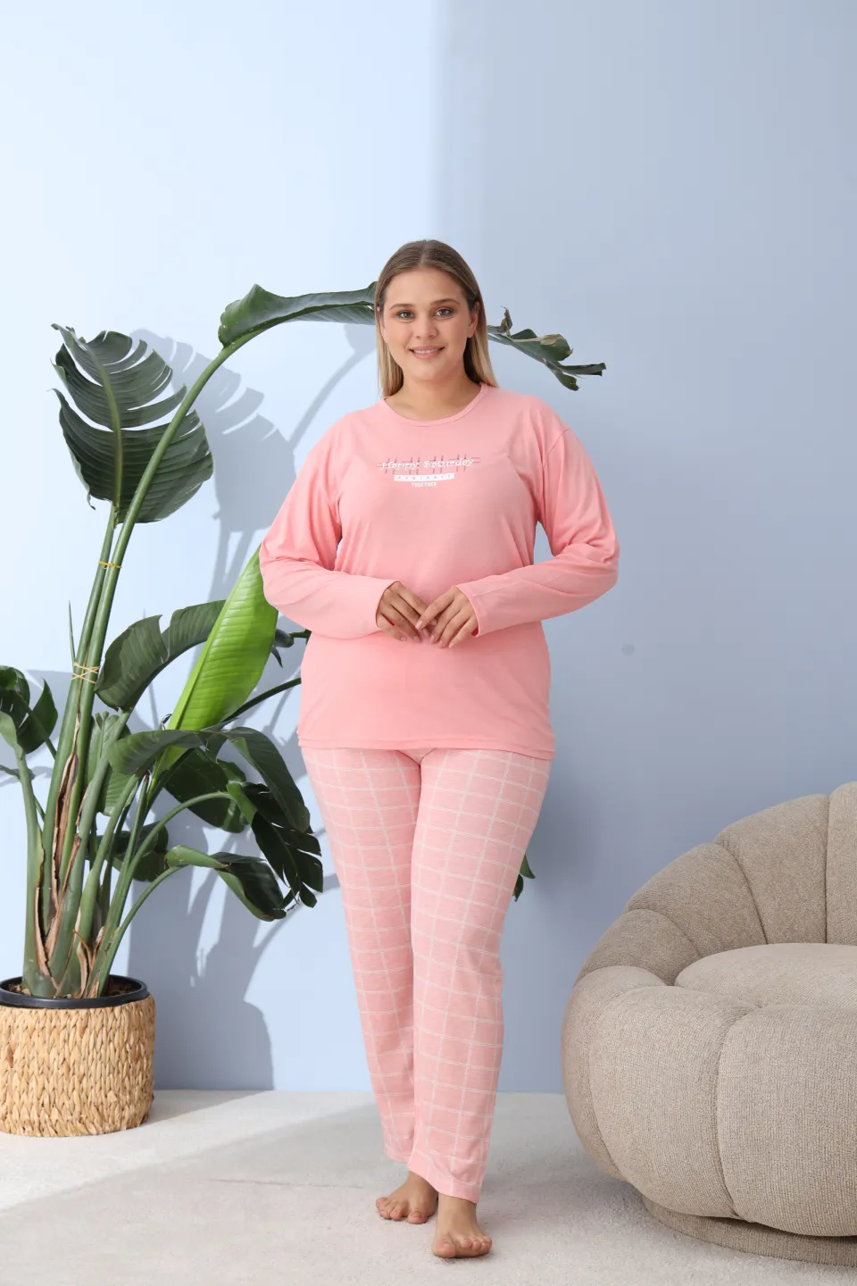 Pijama damă big size roz piersică, imprimeu Happy Saturday, 100% bumbac - 1