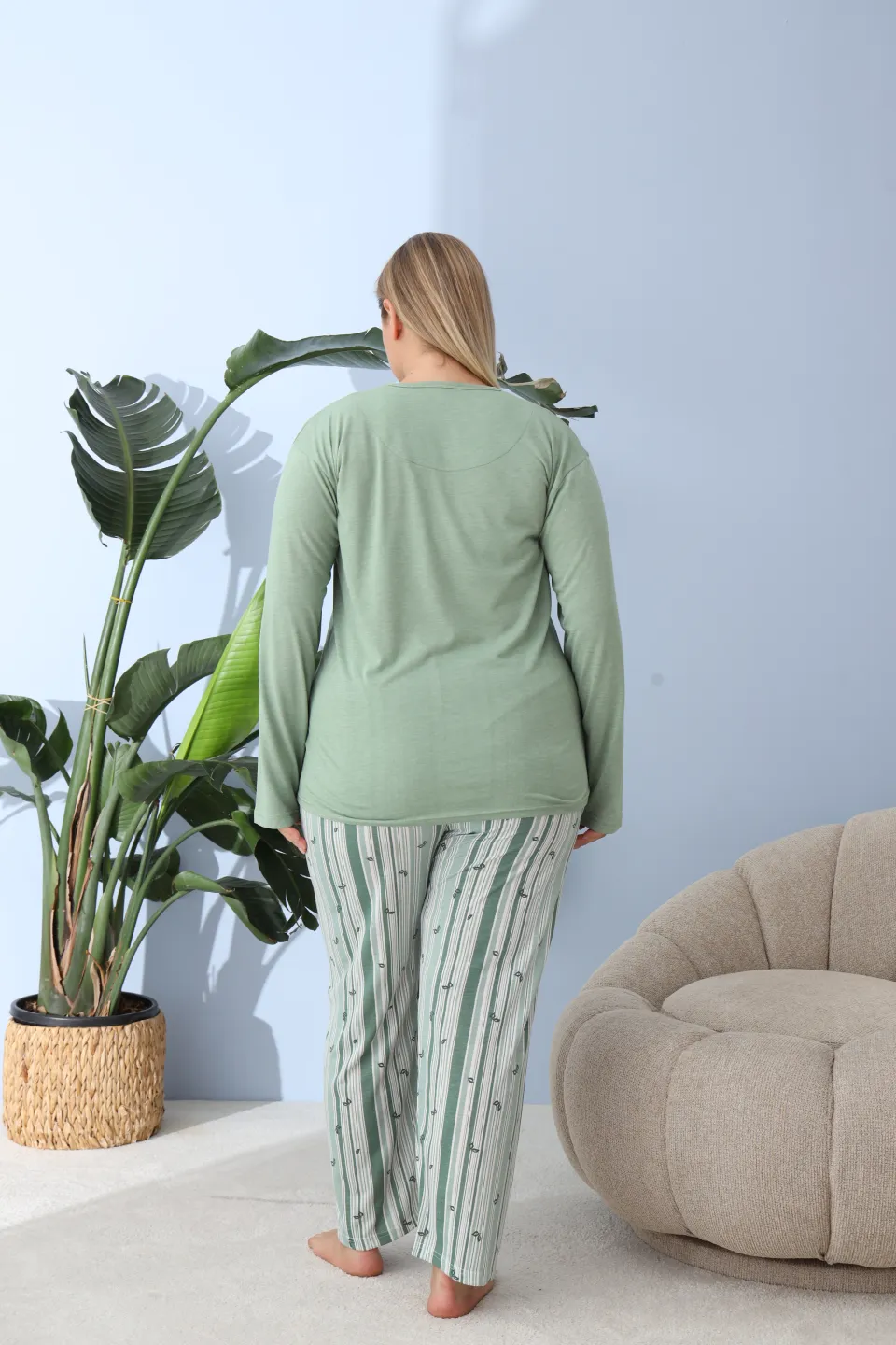 Pijama damă big size verde, imprimeu Awesome, 100% bumbac - 3