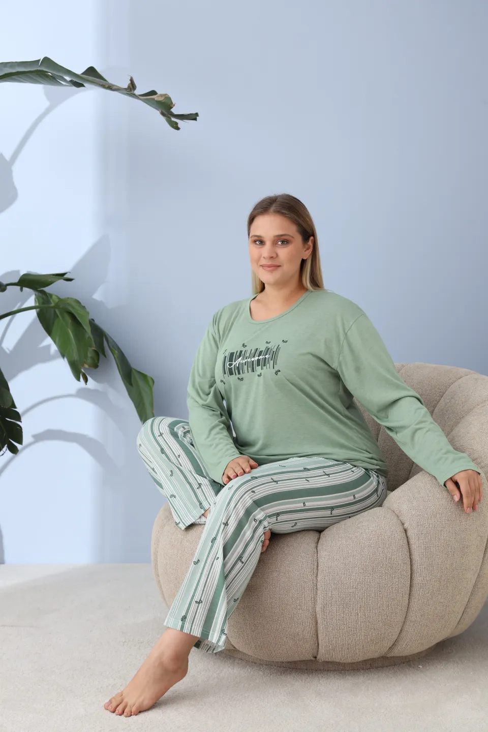 Pijama damă big size verde, imprimeu Awesome, 100% bumbac - 2