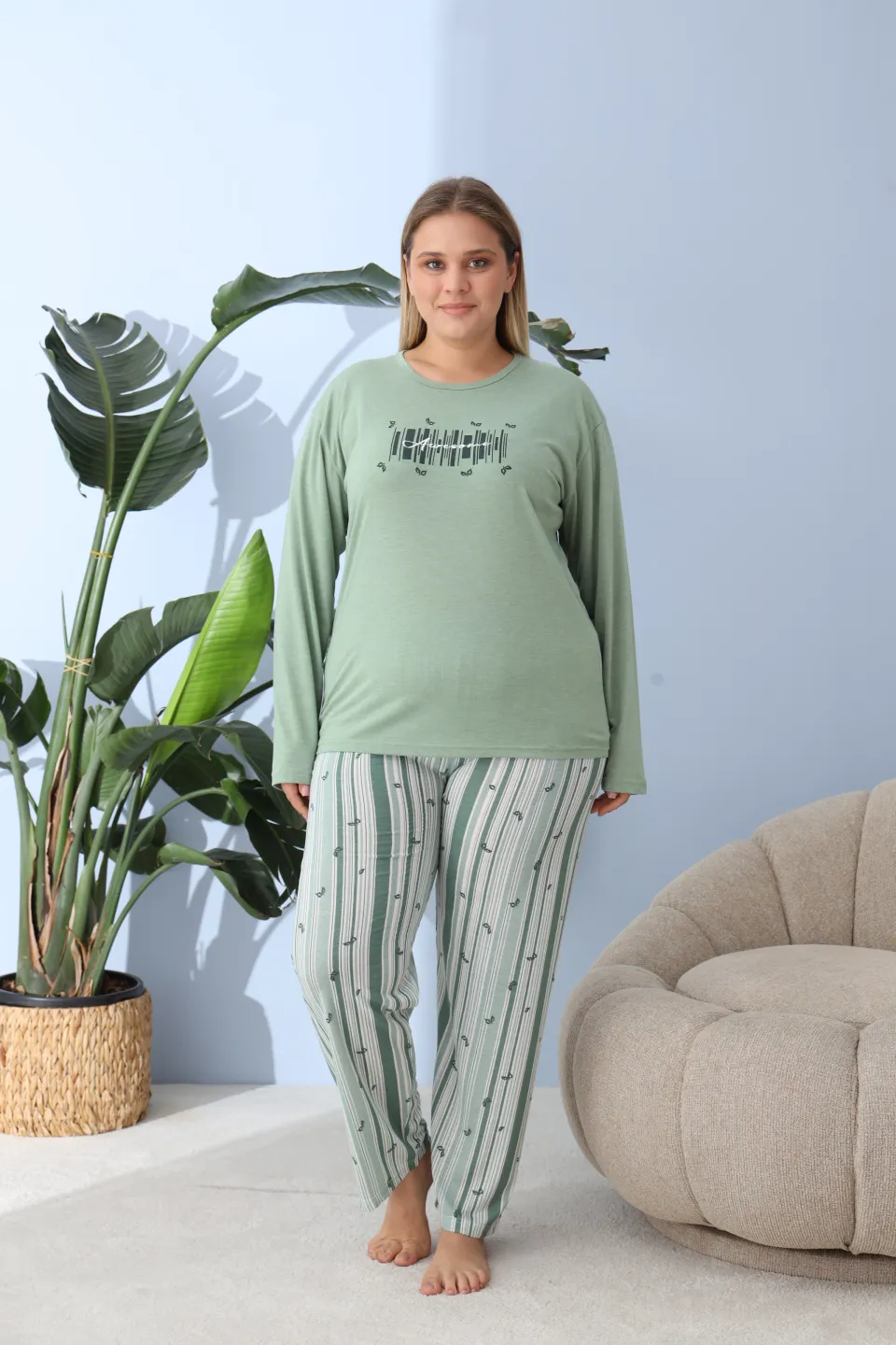 Pijama damă big size verde, imprimeu Awesome, 100% bumbac - 4