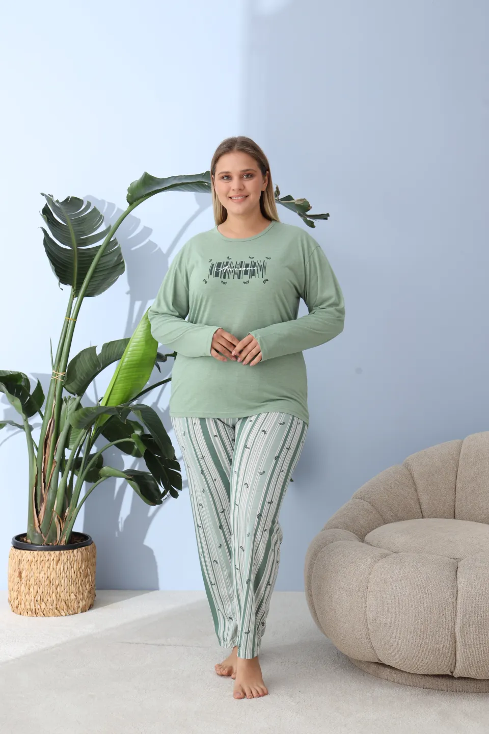Pijama damă big size verde, imprimeu Awesome, 100% bumbac - 5
