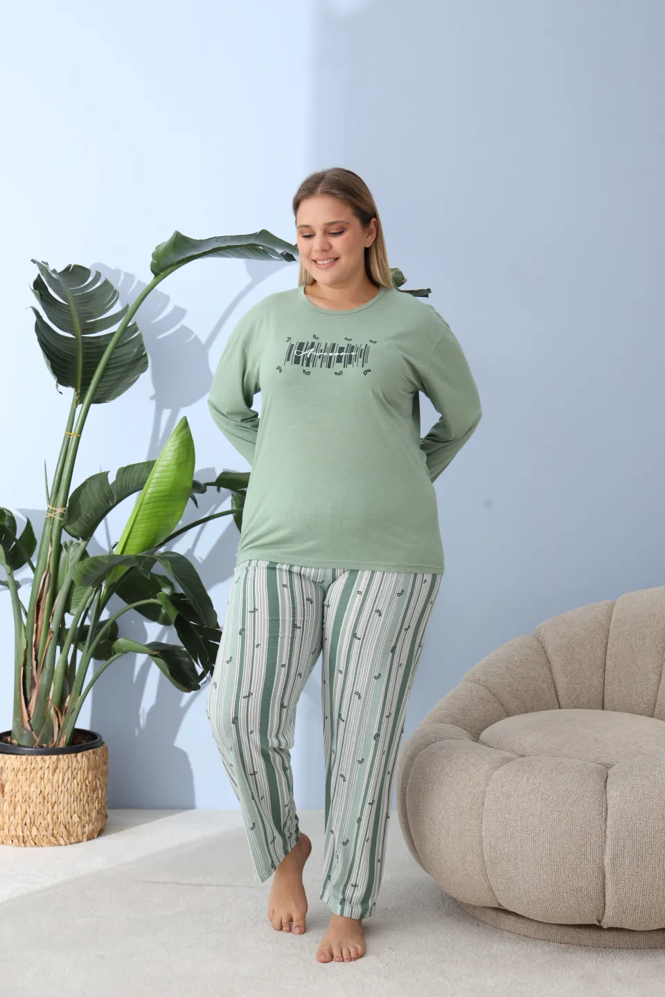 Pijama damă big size verde, imprimeu Awesome, 100% bumbac - 6