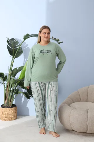 Pijama damă big size verde, imprimeu Awesome, 100% bumbac