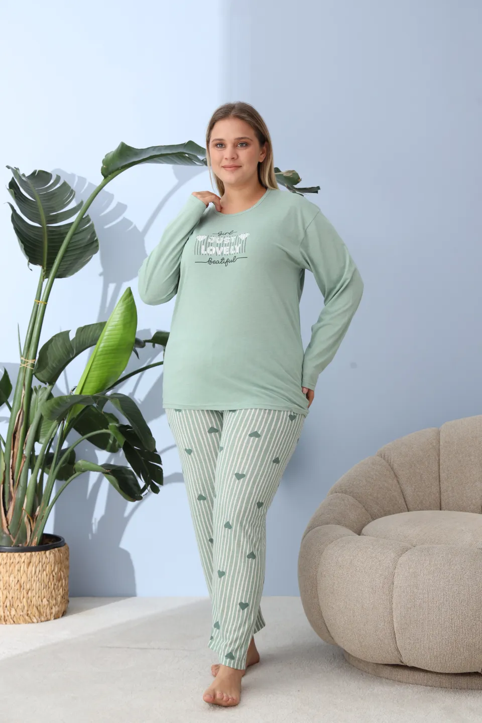 Pijama damă big size verde, imprimeu Just Lovely, 100% bumbac - 3