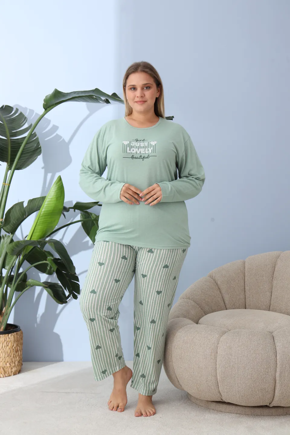 Pijama damă big size verde, imprimeu Just Lovely, 100% bumbac - 4
