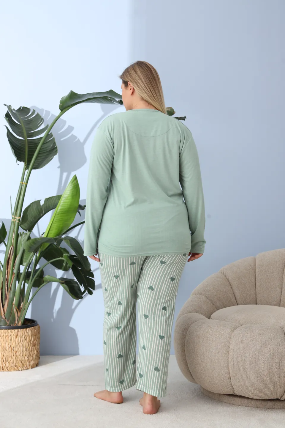 Pijama damă big size verde, imprimeu Just Lovely, 100% bumbac - 5