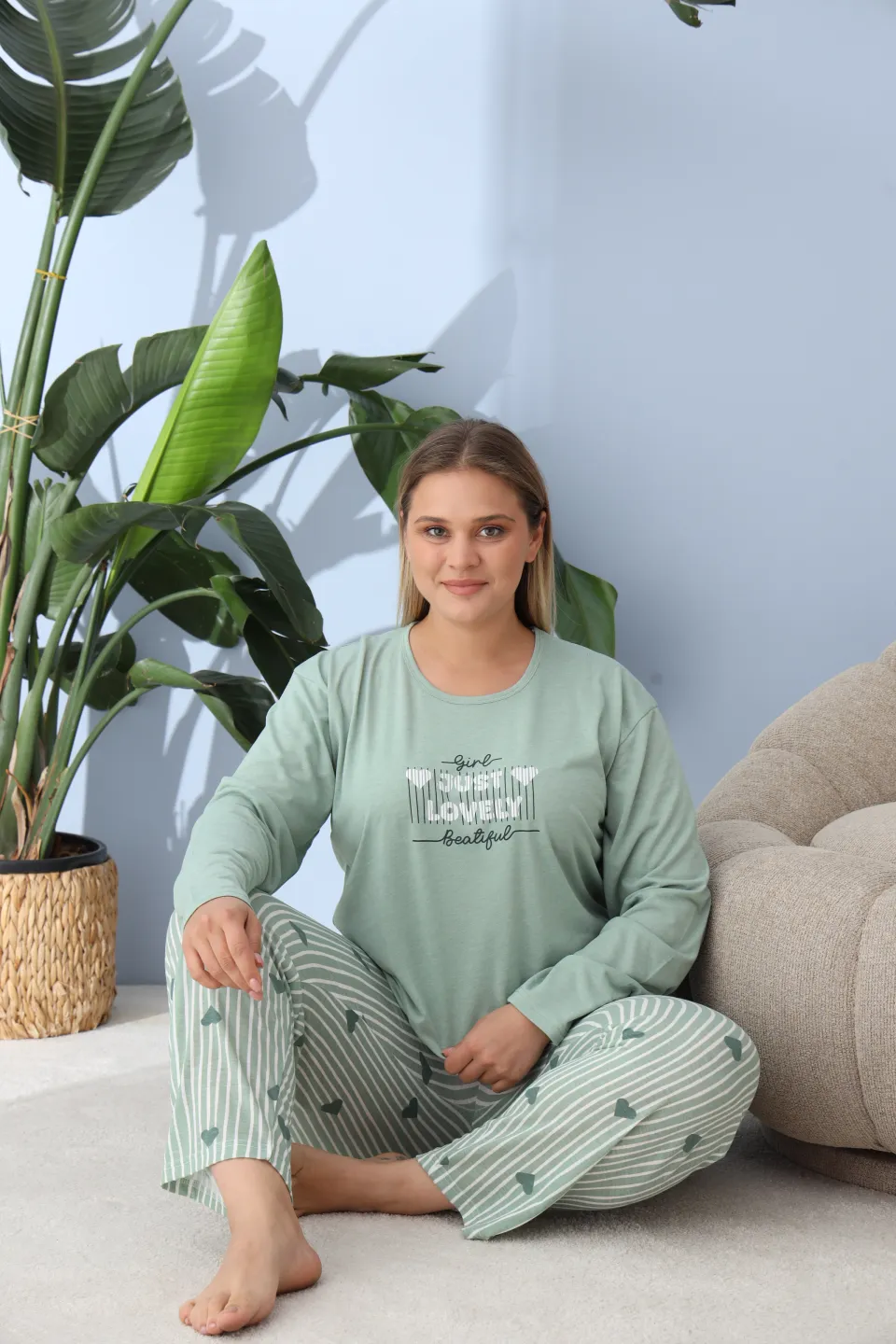 Pijama damă big size verde, imprimeu Just Lovely, 100% bumbac - 6