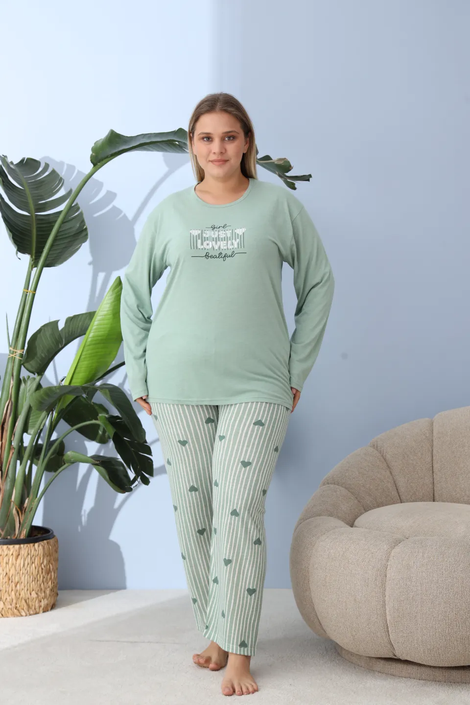 Pijama damă big size verde, imprimeu Just Lovely, 100% bumbac - 1